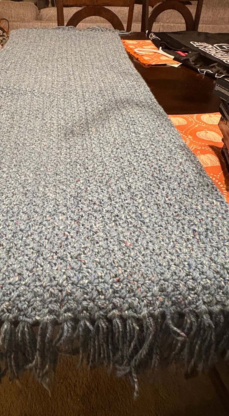 Handmade Crochet Table Runner Blue Gray Speckled Fringe 53” x 17.5”
